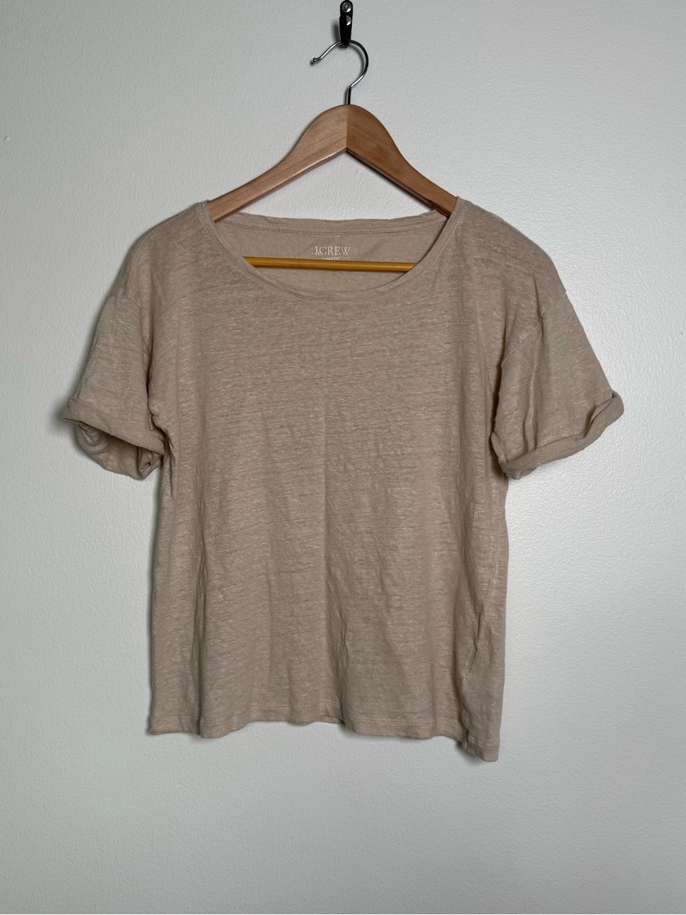 J Crew Linen Tee Shirt Womens Sz S Beige Tan Roll Cuff Short Sleeve Neutral